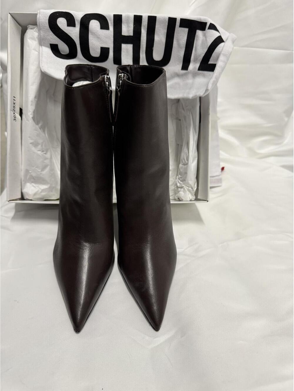 Schutz Women's Brown Leather Ankle Boots with Pointed Toe and Stiletto Heel
